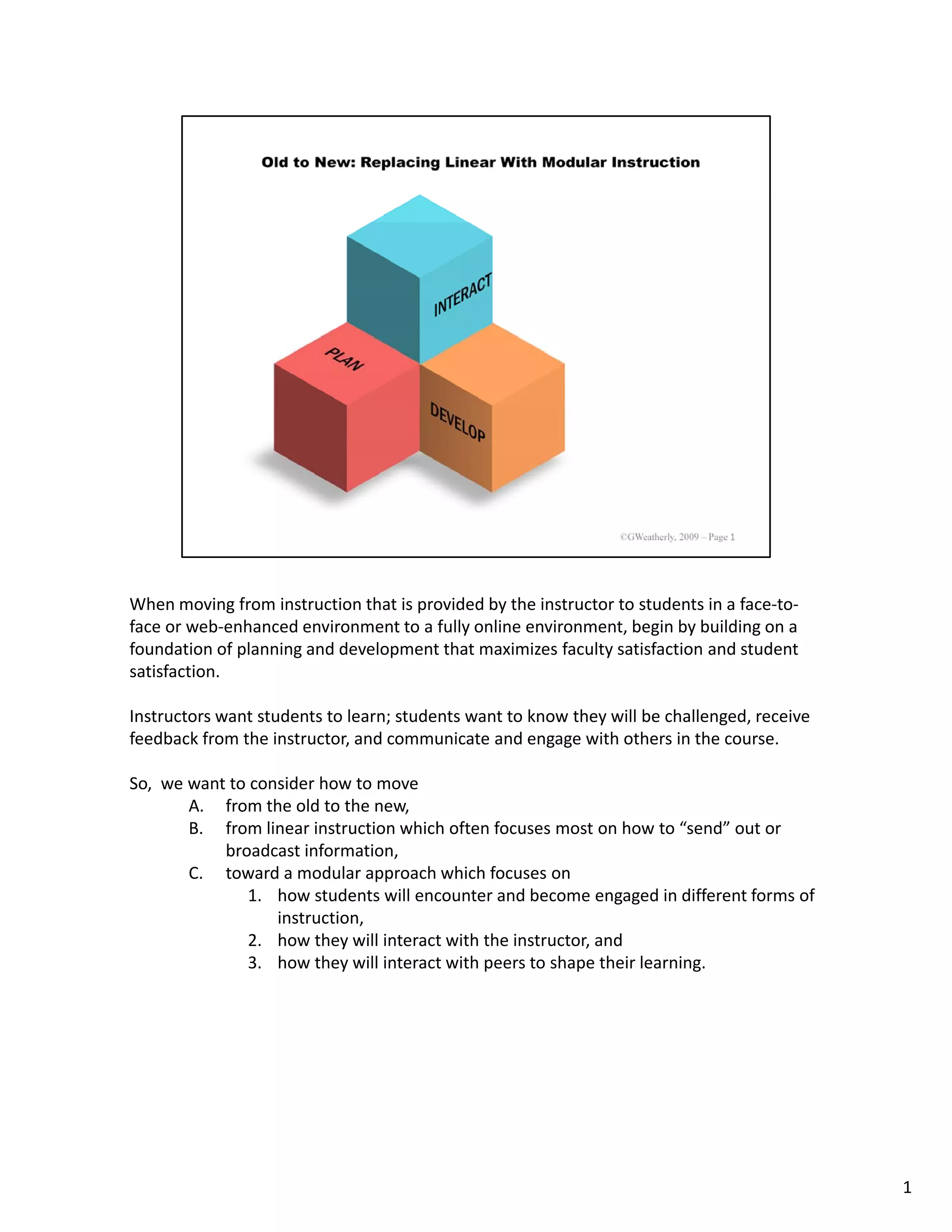 When moving from instruction that is provided by the instructor to students in a face‐to‐
face or web‐enhanced environment to a fully online environment, begin by building on a 
foundation of planning and development that maximizes faculty satisfaction and student 
satisfaction. 

Instructors want students to learn; students want to know they will be challenged, receive 
feedback from the instructor, and communicate and engage with others in the course. 

So,  we want to consider how to move 
        A. from the old to the new, 
        B. from linear instruction which often focuses most on how to “send” out or 
            broadcast information, 
        C. toward a modular approach which focuses on 
               1. how students will encounter and become engaged in different forms of 
                   instruction, 
               2. how they will interact with the instructor, and
               3. how they will interact with peers to shape their learning.




                                                                                              1
 