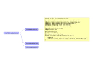 TrueVFS Kernel Speciﬁcation
FsDriverMapFactory.java
package	
  net.java.truevfs.kernel.spec.spi;
import	
  net.java.truecommons.annotations.ServiceImplementation;
import	
  net.java.truecommons.annotations.ServiceSpecification;
import	
  net.java.truecommons.services.LocatableFactory;
import	
  net.java.truevfs.kernel.spec.FsDriver;
import	
  net.java.truevfs.kernel.spec.FsScheme;
import	
  java.util.LinkedHashMap;
import	
  java.util.Map;
@ServiceSpecification
@ServiceImplementation
public	
  class	
  FsDriverMapFactory
extends	
  LocatableFactory<Map<FsScheme,	
  FsDriver>>	
  {
	
  	
  	
  	
  @Override
	
  	
  	
  	
  public	
  Map<FsScheme,	
  FsDriver>	
  get()	
  {	
  return	
  new	
  LinkedHashMap<>(32);	
  }
}
FsDriverMapModiﬁer.java
FsDriverMapLocator.java
 