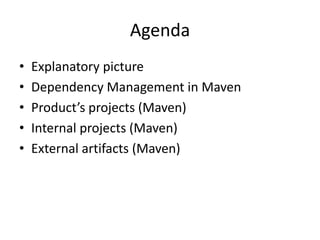 Agenda
•   Explanatory picture
•   Dependency Management in Maven
•   Product’s projects (Maven)
•   Internal projects (Maven)
•   External artifacts (Maven)
 