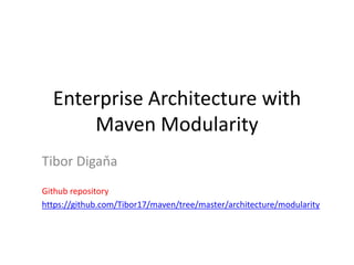 System Architecture
      using Maven Modularity
Tibor Digaňa
Github repository
https://github.com/Tibor17/maven/tree/master/architecture/modularity
 