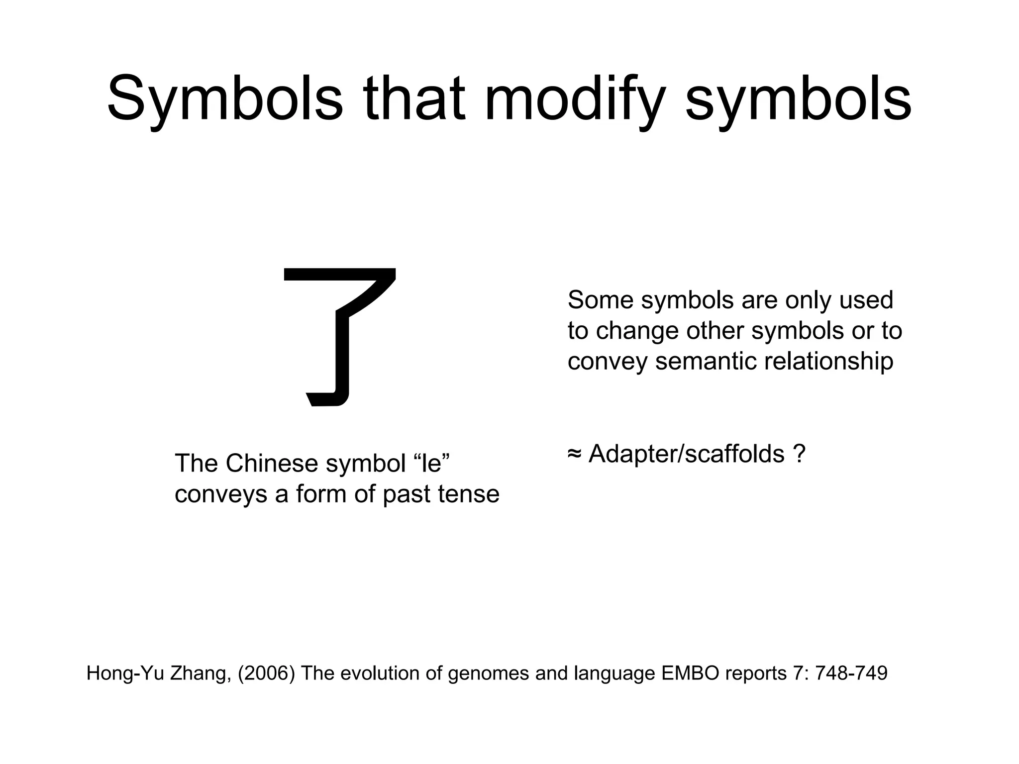 Symbols that modify symbols Some symbols are only used to change other symbols or to convey semantic relationship  ≈ Adapter/scaffolds ?  Hong-Yu Zhang, (2006) The evolution of genomes and language EMBO reports 7: 748-749 了 The Chinese symbol “le” conveys a form of past tense 