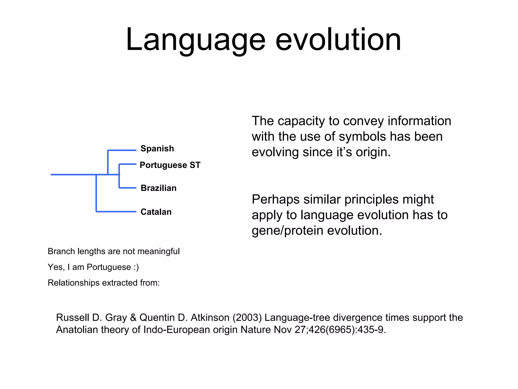 Language evolution Russell D. Gray & Quentin D. Atkinson (2003) Language-tree divergence times support the Anatolian theory of Indo-European origin Nature Nov 27;426(6965):435-9.  Portuguese ST Brazilian Spanish Catalan Branch lengths are not meaningful Yes, I am Portuguese :) Relationships extracted from: The capacity to convey information with the use of symbols has been evolving since it’s origin. Perhaps similar principles might apply to language evolution has to gene/protein evolution.  
