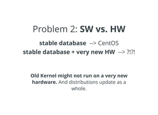 Problem 2: SW vs. HW
stable database --> CentOS
stable database + very new HW --> ?!?!
Old Kernel might not run on a very ...