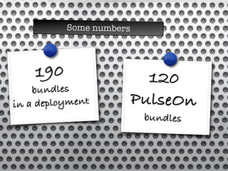 Some numbers
190
bundles
in a deployment
120
PulseOn
bundles
 