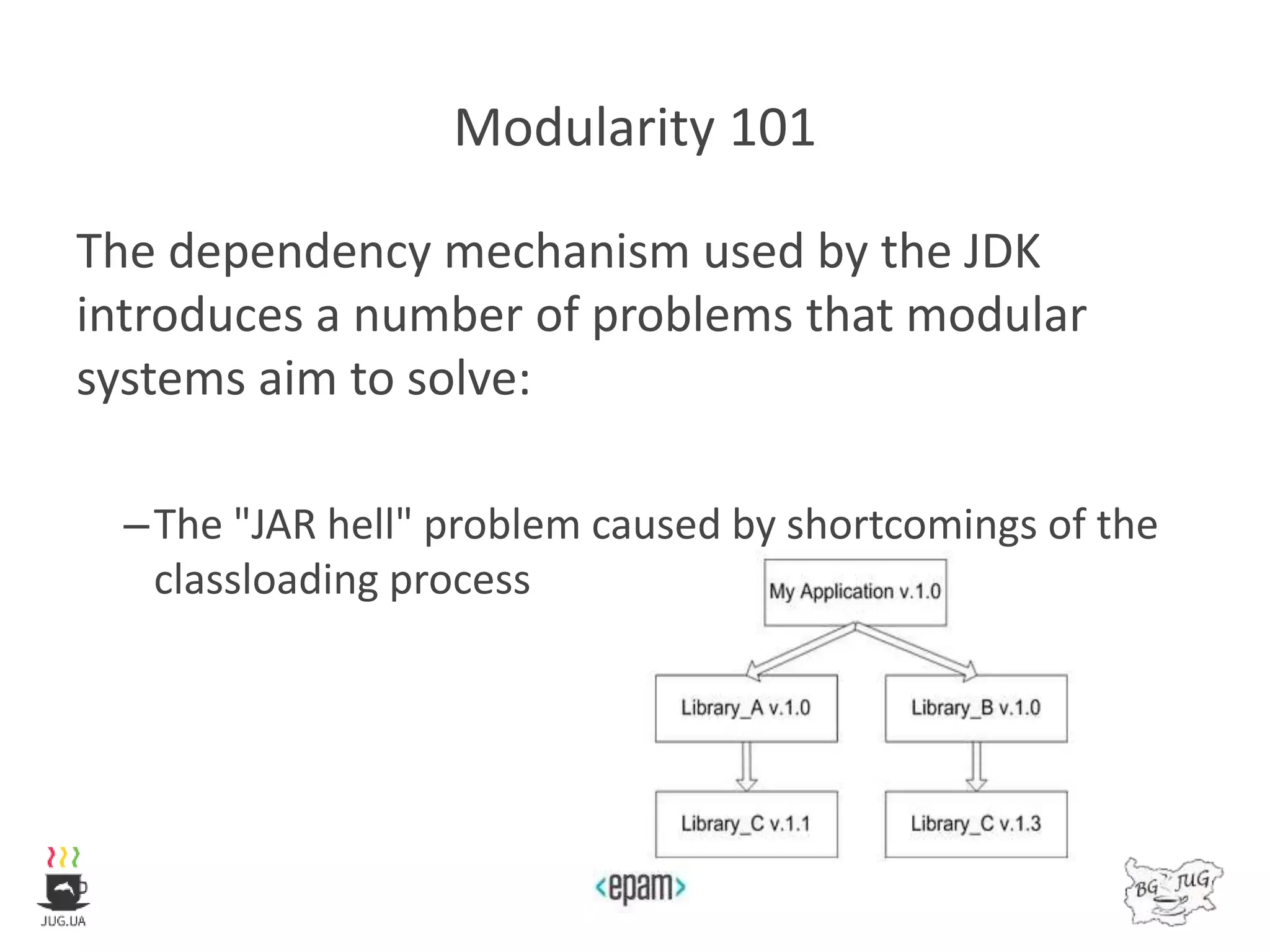 Modularity 101
The dependency mechanism used by the JDK
introduces a number of problems that modular
systems aim to solve:
–The "JAR hell" problem caused by shortcomings of the
classloading process
 