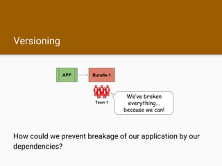 Versioning
How could we prevent breakage of our application by our
dependencies?
APP Bundle-1
Team 1
We’ve broken
everything...
because we can!
 