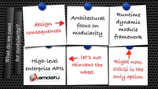 Whatdoweneed
design
consequences
High-level
enterprise APIs
Architectural
focus on
modularity
Runtime
dynamic
module
framework
Right now,
OSGi is the
only option
let’s not
reinvent the
wheel
formodularity?
 