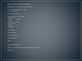 • REPORT ZCUST MESSAGE-ID ZMEESTAB.
• PARAMETERS : CUSTOM TYPE KNA1-KUNNR.
• DATA : ITAB TYPE TABLE OF VBAK,
• WA TYPE VBAK.
• START-OF-SELECTION.
• CALL FUNCTION 'ZTEST_TABLE'
• EXPORTING
• CUST = CUSTOM
• TABLES
• ITAB = ITAB[]
• EXCEPTIONS
• BLANK = 1
• NO_SALES = 2
• OTHERS = 3
• .
• IF SY-SUBRC = 1.
• MESSAGE I000.
• ELSEIF SY-SUBRC = 2.
• MESSAGE E001.
• ENDIF.
• LOOP AT ITAB INTO WA.
• WRITE : / WA-VBELN , WA-KUNNR ,WA-BSTNK, WA-BSTDK.
• ENDLOOP.
 