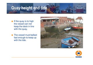 Quay height and tide

■ If the quay is to high
  the vessel can not
  keep the deck in line
  with the quay.

■ The vessel must ballast
  fast enough to keep up
  with the tide.
 
