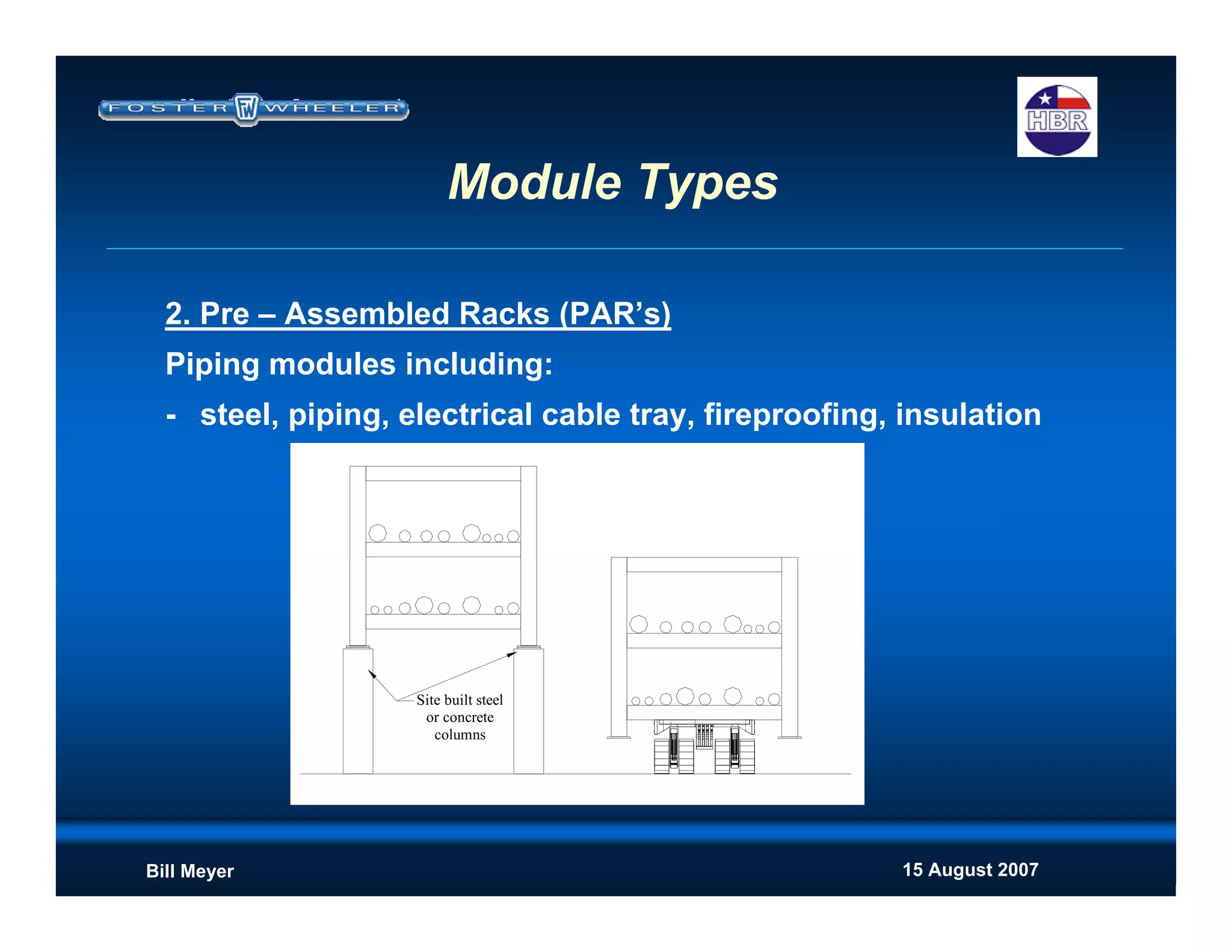 15 August 2007Bill Meyer
Module Types
2. Pre – Assembled Racks (PAR’s)
Piping modules including:
- steel, piping, electrical cable tray, fireproofing, insulation
Site built steel
or concrete
columns
 