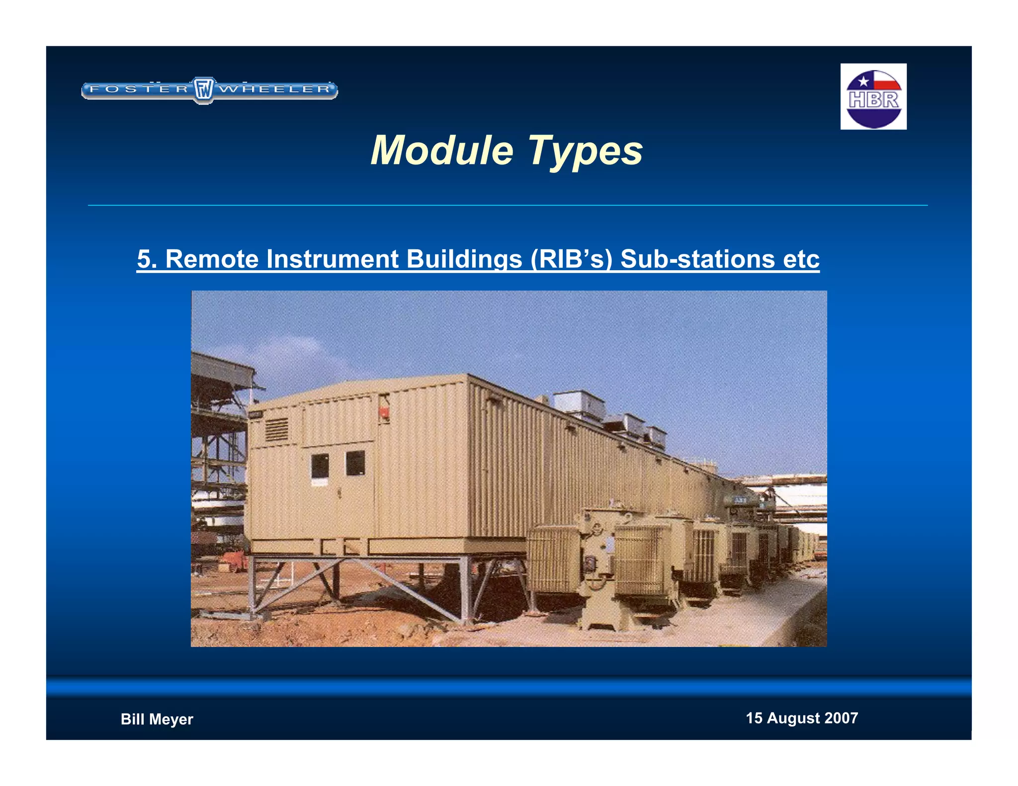 15 August 2007Bill Meyer
5. Remote Instrument Buildings (RIB’s) Sub-stations etc
Module Types
 