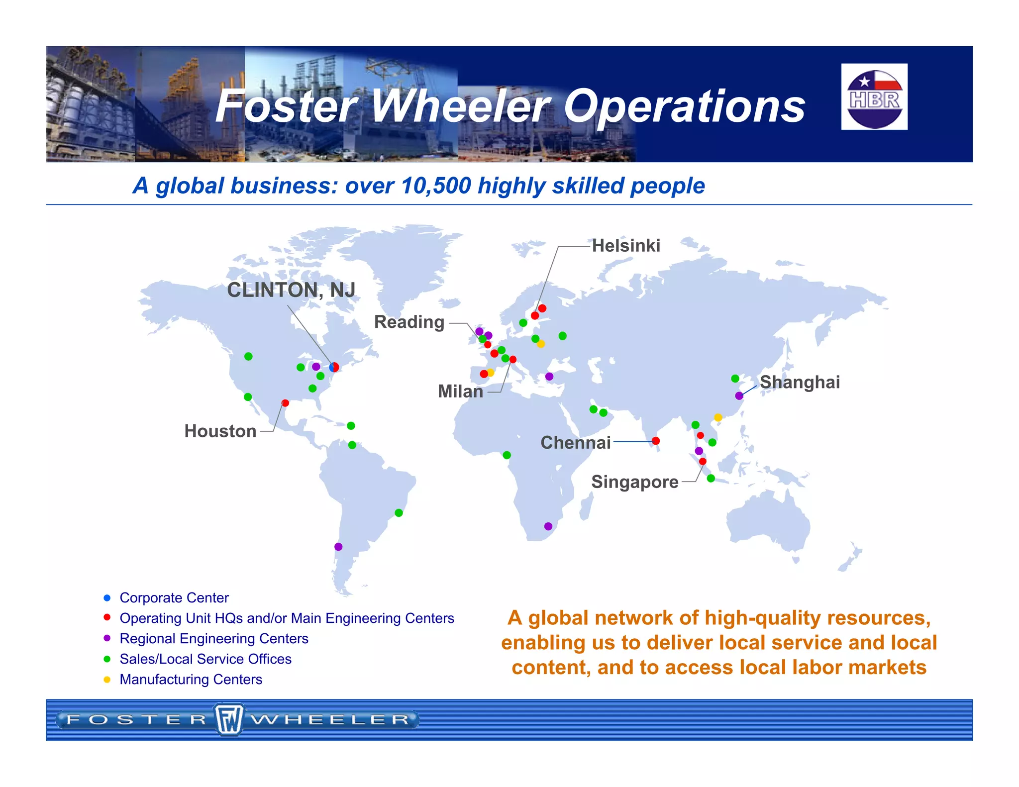 A global business: over 10,500 highly skilled people
Reading
Milan
Houston
Singapore
CLINTON, NJ
Helsinki
Corporate Center
Operating Unit HQs and/or Main Engineering Centers
Regional Engineering Centers
Sales/Local Service Offices
Manufacturing Centers
A global network of high-quality resources,
enabling us to deliver local service and local
content, and to access local labor markets
Shanghai
Chennai
Foster Wheeler Operations
 