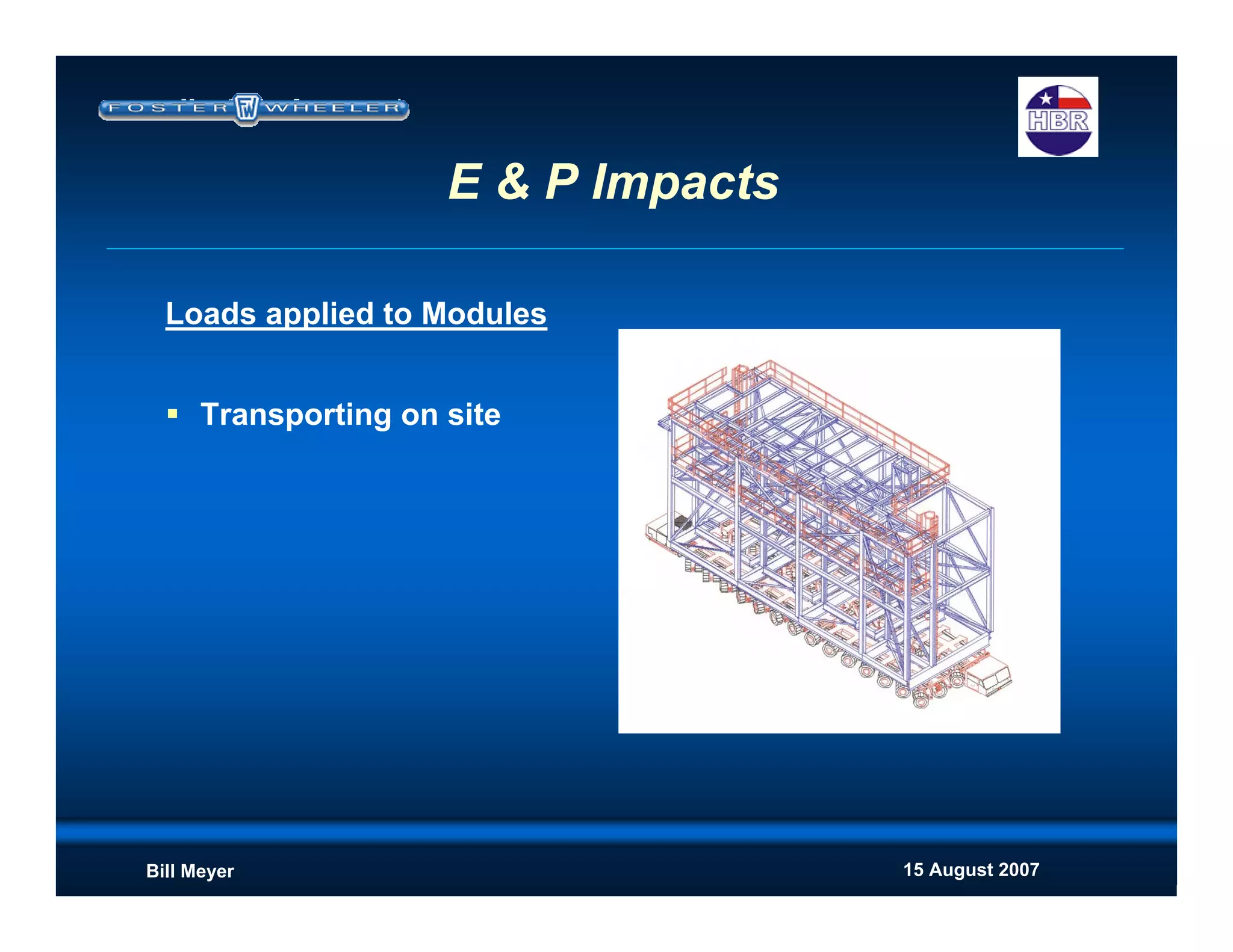 15 August 2007Bill Meyer
E & P Impacts
Loads applied to Modules
Transporting on site
 