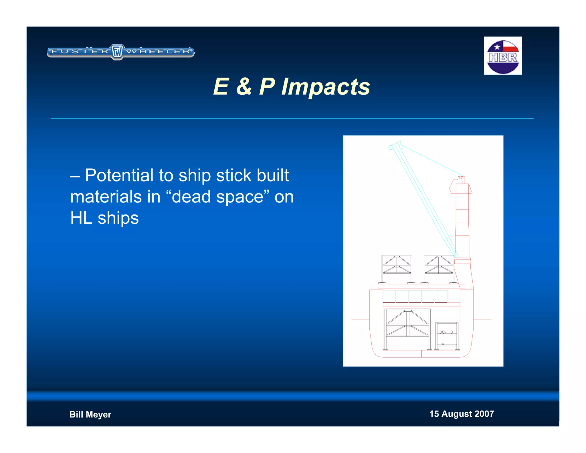 15 August 2007Bill Meyer
– Potential to ship stick built
materials in “dead space” on
HL ships
E & P Impacts
 