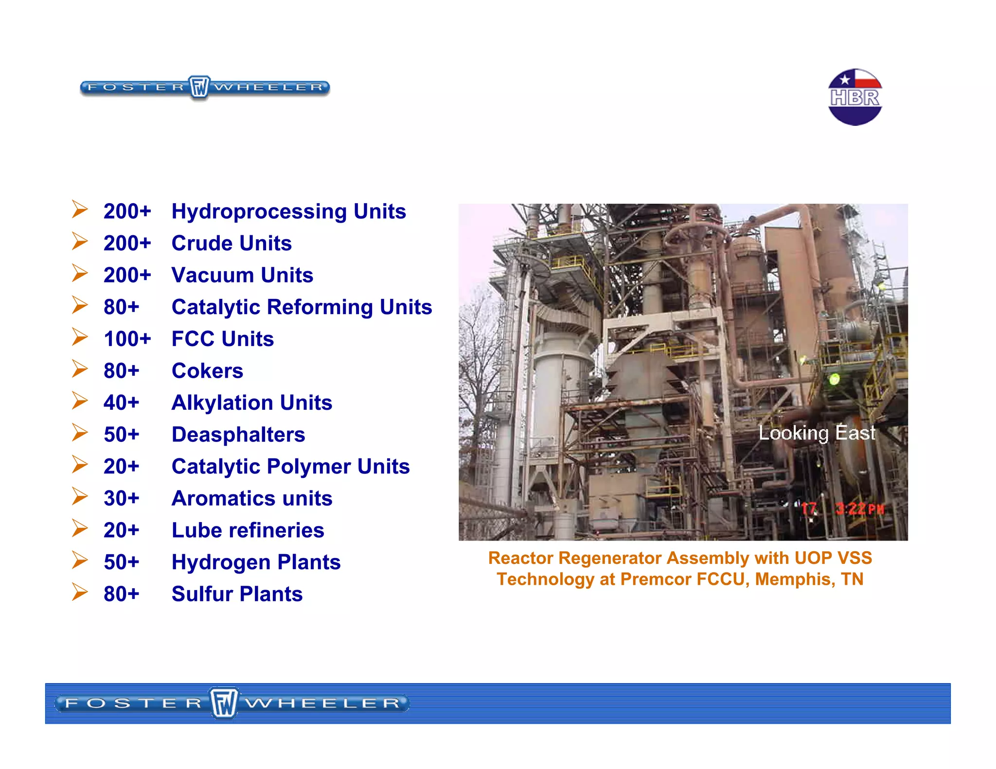 Leader in Refinery Process
Engineering
200+ Hydroprocessing Units
200+ Crude Units
200+ Vacuum Units
80+ Catalytic Reforming Units
100+ FCC Units
80+ Cokers
40+ Alkylation Units
50+ Deasphalters
20+ Catalytic Polymer Units
30+ Aromatics units
20+ Lube refineries
50+ Hydrogen Plants
80+ Sulfur Plants
Reactor Regenerator Assembly with UOP VSS
Technology at Premcor FCCU, Memphis, TN
 