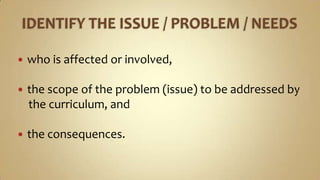 IDENTIFY THE ISSUE / PROBLEM / NEEDSwho is affected or involved,the scope of the problem (issue) to be addressed by    the curriculum, andthe consequences.