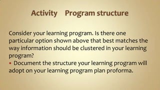 Activity	 Program structureConsider your learning program. Is there one particular option shown above that best matches the way information should be clustered in your learning program? Document the structure your learning program will adopt on your learning program plan proforma.