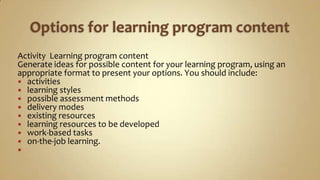 Options for learning program content Activity	Learning program contentGenerate ideas for possible content for your learning program, using an appropriate format to present your options. You should include:activitieslearning stylespossible assessment methodsdelivery modesexisting resourceslearning resources to be developedwork-based taskson-the-job learning. 
