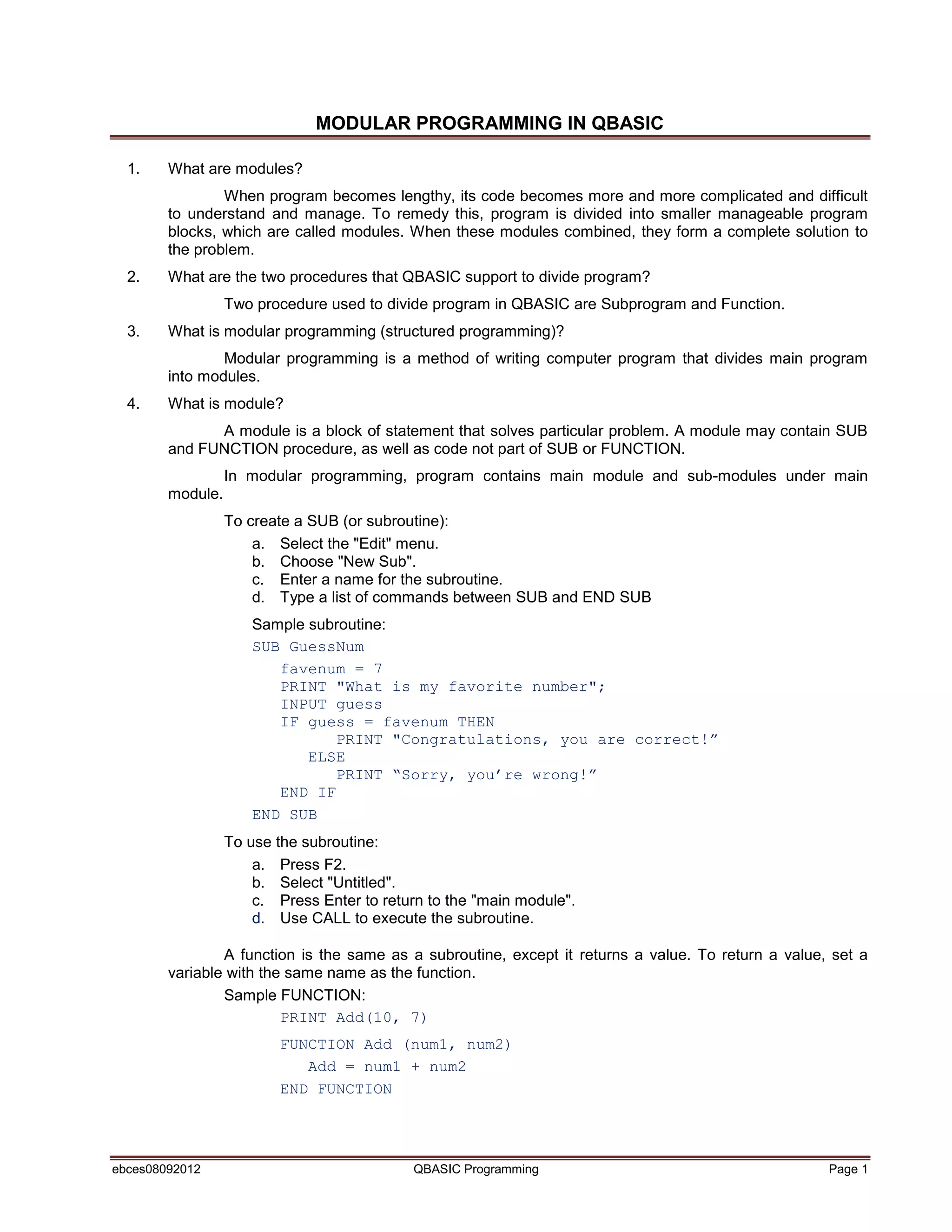 Modular programming in qbasic | PDF | Programming Languages | Computing