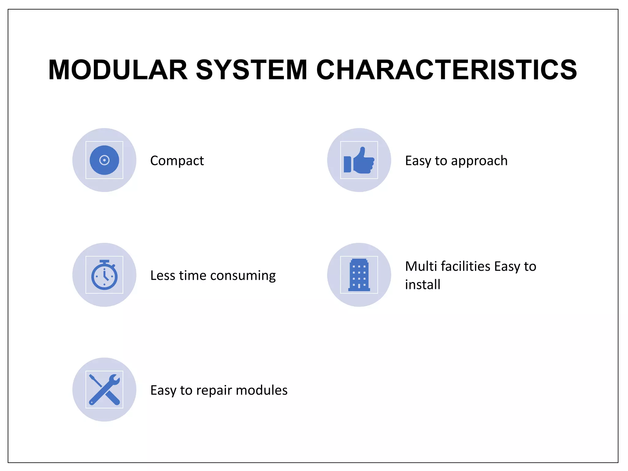 MODULAR SYSTEM CHARACTERISTICS
Compact Easy to approach
Less time consuming
Multi facilities Easy to
install
Easy to repair modules
 