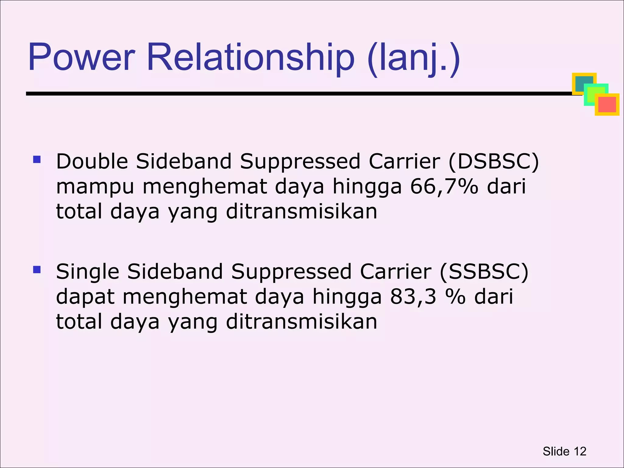 Power Relationship (lanj.)

   Double Sideband Suppressed Carrier (DSBSC)
    mampu menghemat daya hingga 66,7% dari
    total daya yang ditransmisikan

   Single Sideband Suppressed Carrier (SSBSC)
    dapat menghemat daya hingga 83,3 % dari
    total daya yang ditransmisikan




                                                 Slide 12
 