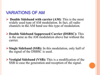 VARIATIONS OF AM 
 Double Sideband with carrier (AM): This is the most 
widely used type of AM modulation. In fact, all radio 
channels in the AM band use this type of modulation. 
Double Sideband Suppressed Carrier (DSBSC): This 
is the same as the AM modulation above but without the 
carrier. 
Single Sideband (SSB): In this modulation, only half of 
the signal of the DSBSC is used. 
Vestigial Sideband (VSB): This is a modification of the 
SSB to ease the generation and reception of the signal. 
 