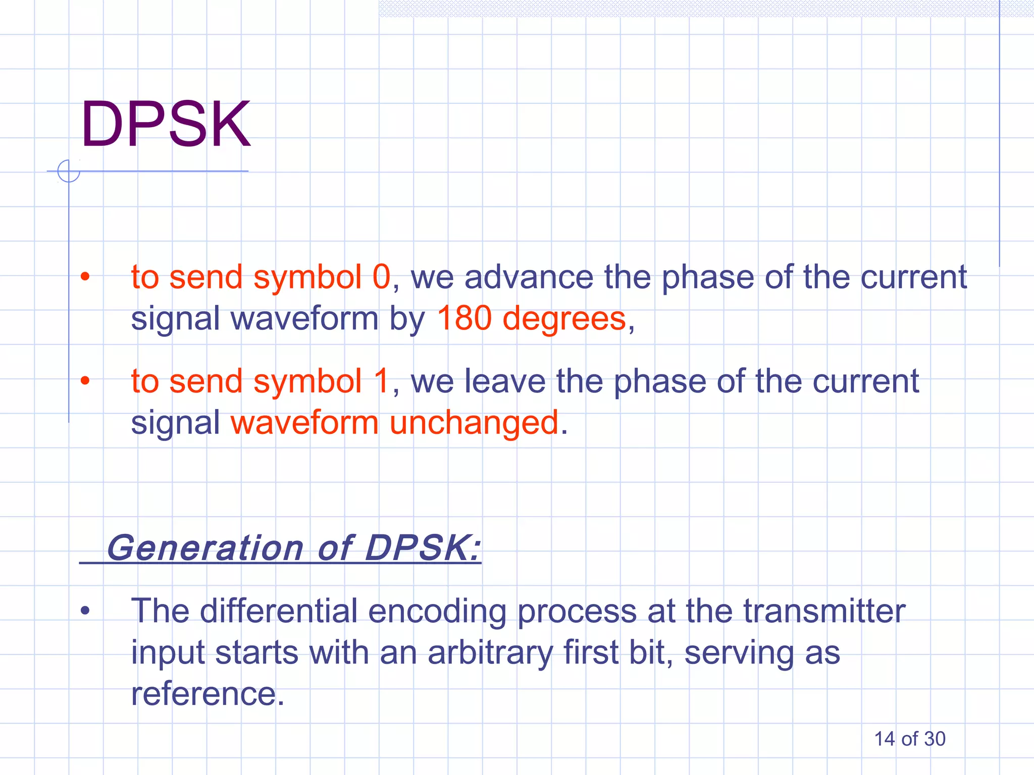 14 of 30
• to send symbol 0, we advance the phase of the current
signal waveform by 180 degrees,
• to send symbol 1, we leave the phase of the current
signal waveform unchanged.
Generation of DPSK:
• The differential encoding process at the transmitter
input starts with an arbitrary first bit, serving as
reference.
DPSK
 