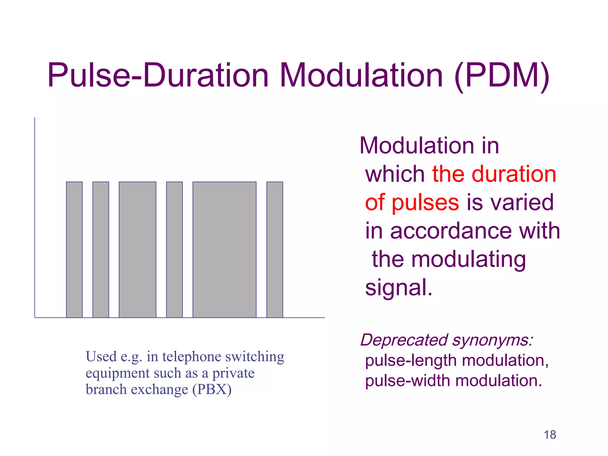 Pulse-Duration Modulation (PDM)
Modulation in
which the duration
of pulses is varied
in accordance with
the modulating
signal.
Deprecated synonyms:
pulse-length modulation,
pulse-width modulation.
Used e.g. in telephone switching
equipment such as a private
branch exchange (PBX)
18
 