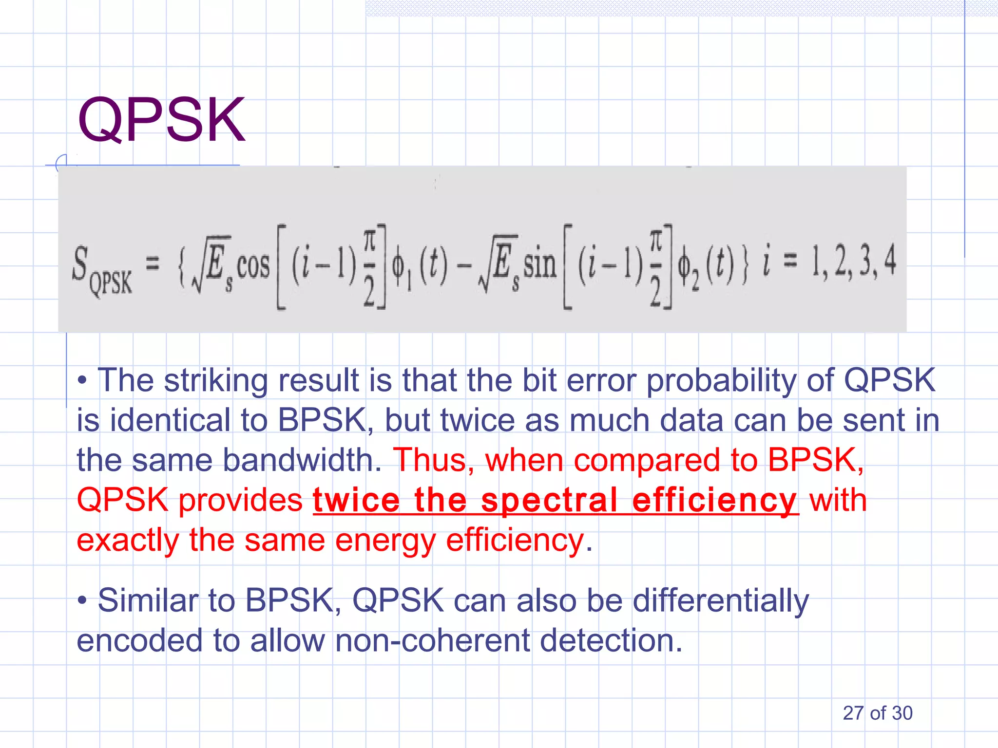 27 of 30
• The striking result is that the bit error probability of QPSK
is identical to BPSK, but twice as much data can be sent in
the same bandwidth. Thus, when compared to BPSK,
QPSK provides twice the spectral efficiency with
exactly the same energy efficiency.
• Similar to BPSK, QPSK can also be differentially
encoded to allow non-coherent detection.
QPSK
 
