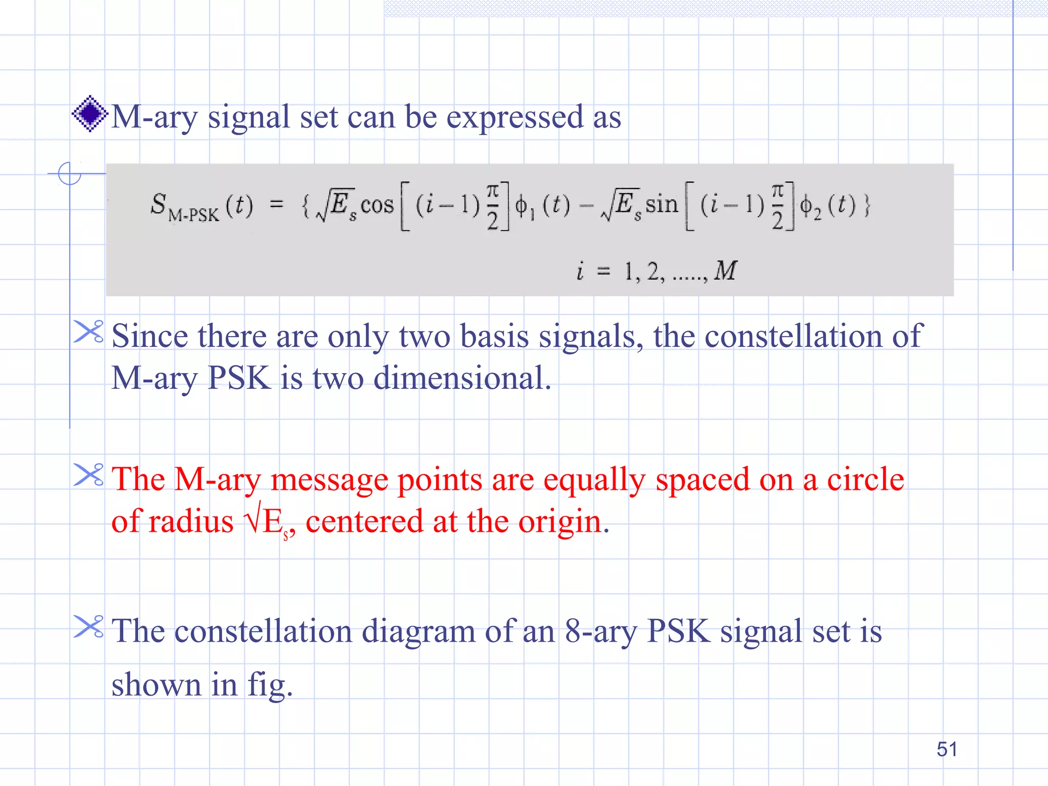 51
M-ary signal set can be expressed as
Since there are only two basis signals, the constellation of
M-ary PSK is two dimensional.
The M-ary message points are equally spaced on a circle
of radius √Es, centered at the origin.
The constellation diagram of an 8-ary PSK signal set is
shown in fig.
 