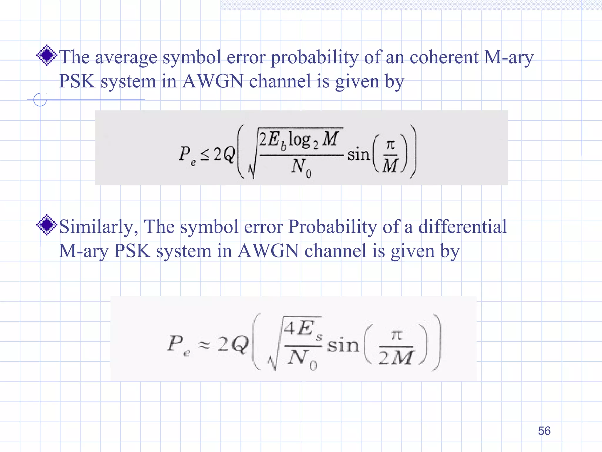 56
The average symbol error probability of an coherent M-ary
PSK system in AWGN channel is given by
Similarly, The symbol error Probability of a differential
M-ary PSK system in AWGN channel is given by
 