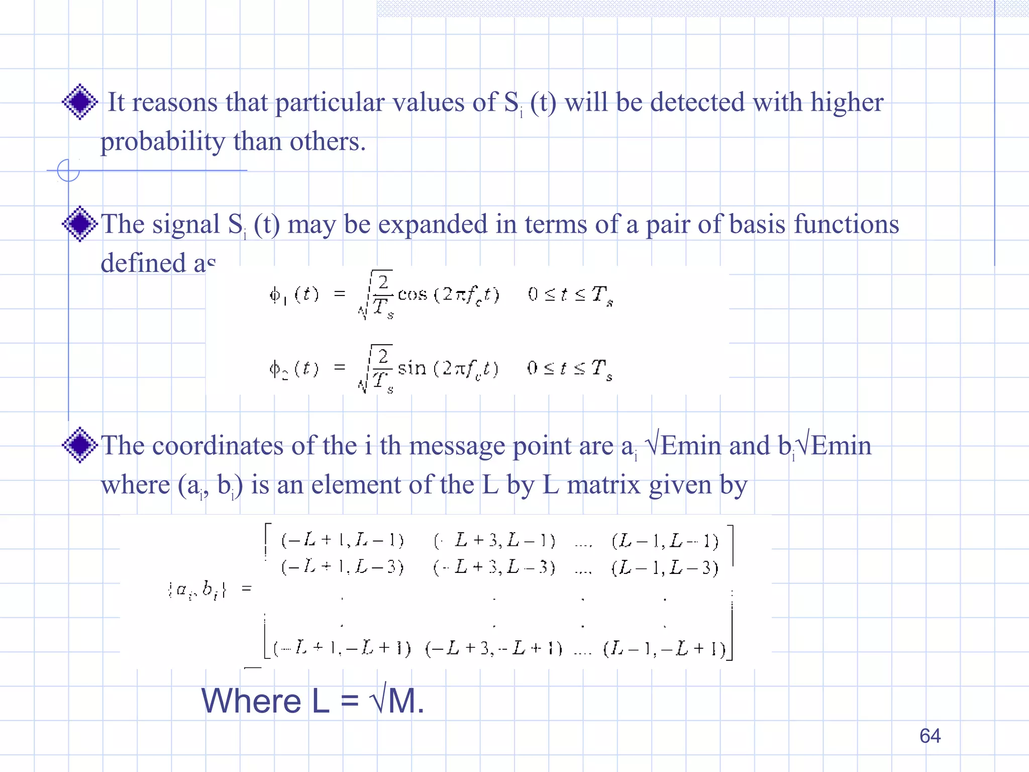 64
It reasons that particular values of Si (t) will be detected with higher
probability than others.
The signal Si (t) may be expanded in terms of a pair of basis functions
defined as
The coordinates of the i th message point are ai √Emin and bi√Emin
where (ai, bi) is an element of the L by L matrix given by
Where L = √M.
 