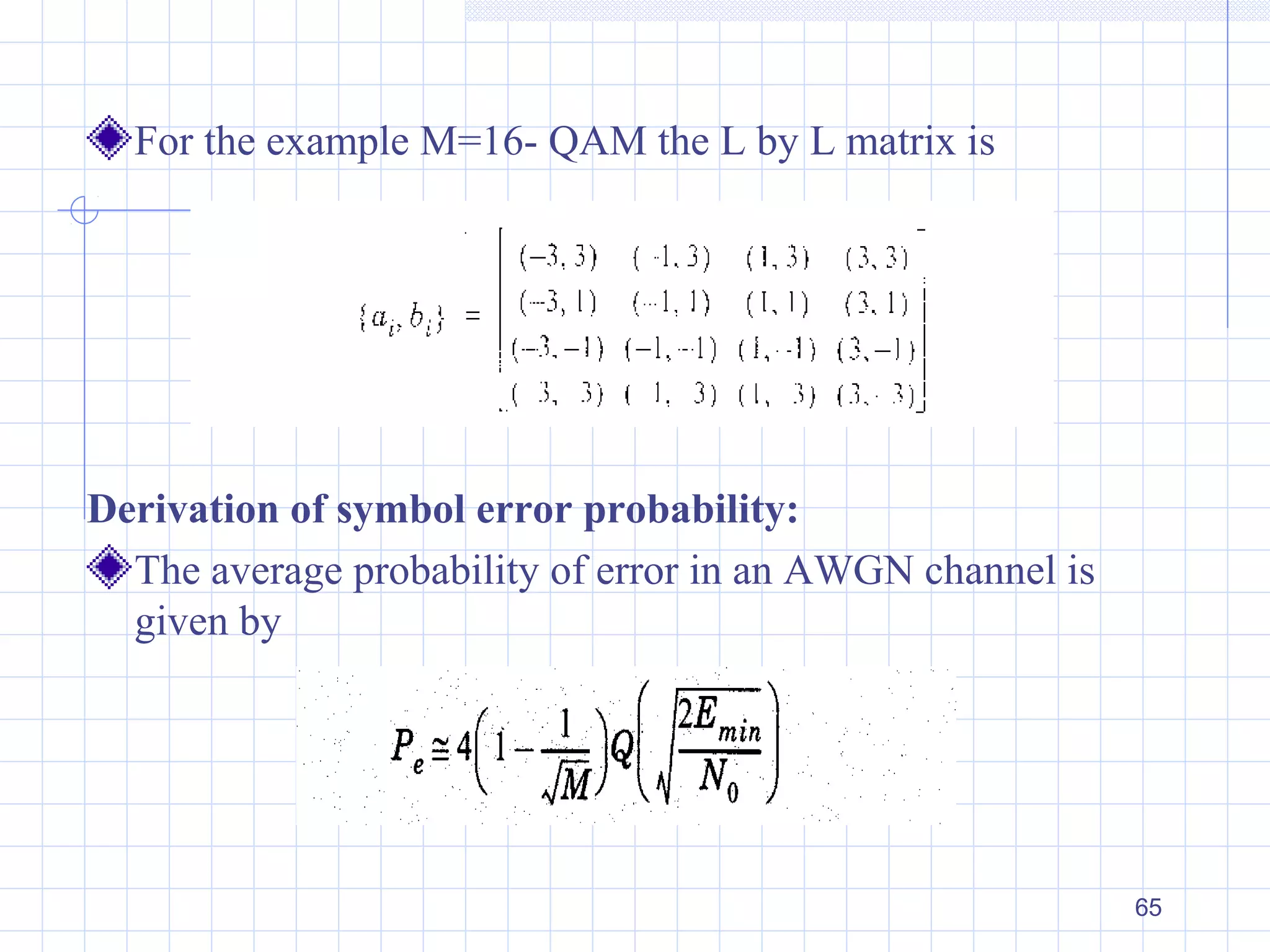 65
For the example M=16- QAM the L by L matrix is
Derivation of symbol error probability:
The average probability of error in an AWGN channel is
given by
 