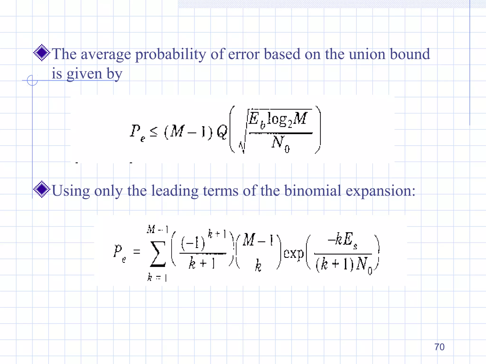 70
The average probability of error based on the union bound
is given by
Using only the leading terms of the binomial expansion:
 