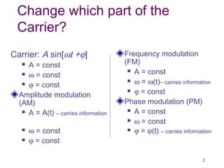 Change which part of the
Carrier?
Carrier: A sin[ωt +ϕ]
 A = const
 ω = const
 ϕ = const
Amplitude modulation
(AM)
 A = A(t) – carries information
 ω = const
 ϕ = const
Frequency modulation
(FM)
 A = const
 ω = ω(t)– carries information
 ϕ = const
Phase modulation (PM)
 A = const
 ω = const
 ϕ = ϕ(t) – carries information
2
 