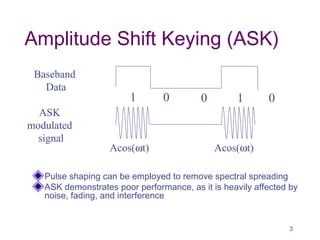 Amplitude Shift Keying (ASK)
Pulse shaping can be employed to remove spectral spreading
ASK demonstrates poor performance, as it is heavily affected by
noise, fading, and interference
Baseband
Data
ASK
modulated
signal
1 10 0 0
Acos(ωt) Acos(ωt)
3
 