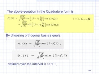50
The above equation in the Quadrature form is
By choosing orthogonal basis signals
defined over the interval 0 ≤ t ≤ Ts
 