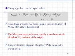 51
M-ary signal set can be expressed as
Since there are only two basis signals, the constellation of
M-ary PSK is two dimensional.
The M-ary message points are equally spaced on a circle
of radius √Es, centered at the origin.
The constellation diagram of an 8-ary PSK signal set is
shown in fig.
 