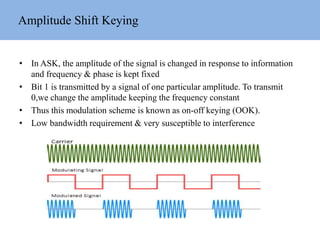 Amplitude Shift Keying
• In ASK, the amplitude of the signal is changed in response to information
and frequency & phase is kept fixed
• Bit 1 is transmitted by a signal of one particular amplitude. To transmit
0,we change the amplitude keeping the frequency constant
• Thus this modulation scheme is known as on-off keying (OOK).
• Low bandwidth requirement & very susceptible to interference
 