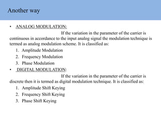 Another way
• ANALOG MODULATION:
If the variation in the parameter of the carrier is
continuous in accordance to the input analog signal the modulation technique is
termed as analog modulation scheme. It is classified as:
1. Amplitude Modulation
2. Frequency Modulation
3. Phase Modulation
• DIGITAL MODULATION:
If the variation in the parameter of the carrier is
discrete then it is termed as digital modulation technique. It is classified as:
1. Amplitude Shift Keying
2. Frequency Shift Keying
3. Phase Shift Keying
 