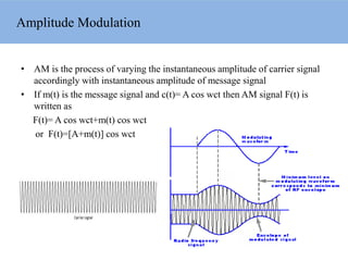 Amplitude Modulation
• AM is the process of varying the instantaneous amplitude of carrier signal
accordingly with instantaneous amplitude of message signal
• If m(t) is the message signal and c(t)= A cos wct then AM signal F(t) is
written as
F(t)= A cos wct+m(t) cos wct
or F(t)=[A+m(t)] cos wct
 