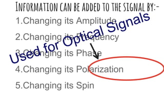 Informationcanbeaddedtothesignalby:-
1.Changing its Amplitude
2.Changing its Frequency
3.Changing its Phase
4.Changing its Polarization
5.Changing its Spin
 