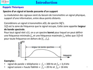 La modulation des signaux vient du besoin de transmettre un signal physique,
support d’une information, entre deux points distants.
Considérons un signal à transmettre s(t), de spectre S(f ).
S(f) est la zone de fréquence que le signal occupe, Cette zone appelée largeur
de bande spectrale.
Pour tout signal réel s(t), on a un spectre borné pour lequel on peut définir
une fréquence minimale fm et une fréquence maximale fM telles que S(f)=0
pour toute fréquence en dehors de [fm ,fM].
Exemples :
• signal de parole « téléphonie » : fm = 300 Hz et fM = 3,4 kHz
• signal sonore « haute fidélité » : fm = 20 Hz et fM = 16 kHz
Spectre d’un signal et bande passante d’un support
2
Introduction
Rappels Théoriques
 