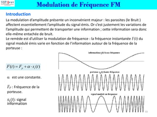 Modulation de Fréquence FM
Introduction
33
La modulation d’amplitude présente un inconvénient majeur : les parasites (le Bruit )
affectent essentiellement l’amplitude du signal émis. Or c’est justement les variations de
l’amplitude qui permettent de transporter une information ; cette information sera donc
elle-même entachée de bruit.
Le remède est d’utiliser la modulation de fréquence : la fréquence instantanée F(t) du
signal modulé émis varie en fonction de l’information autour de la fréquence de la
porteuse :
 est une constante.
Fp : Fréquence de la
porteuse.
𝑠𝑖(t): signal
information
( ) ( )
p i
F t F s t

= + 
 