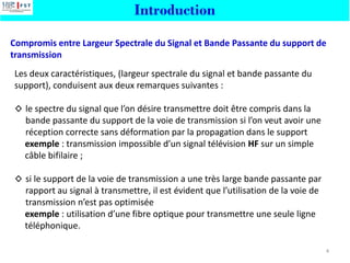 Compromis entre Largeur Spectrale du Signal et Bande Passante du support de
transmission
Introduction
Les deux caractéristiques, (largeur spectrale du signal et bande passante du
support), conduisent aux deux remarques suivantes :
◊ le spectre du signal que l’on désire transmettre doit être compris dans la
bande passante du support de la voie de transmission si l’on veut avoir une
réception correcte sans déformation par la propagation dans le support
exemple : transmission impossible d’un signal télévision HF sur un simple
câble bifilaire ;
◊ si le support de la voie de transmission a une très large bande passante par
rapport au signal à transmettre, il est évident que l’utilisation de la voie de
transmission n’est pas optimisée
exemple : utilisation d’une fibre optique pour transmettre une seule ligne
téléphonique.
4
 