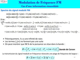 Spectre du signal modulé FM
• Théoriquement, il y a une infinité de raies
• Les termes Jn(m) ne forment pas une suite
• On peut montrer que 98 % de la puissance se situe dans la bande :
(bande de Carsen
40
Modulation de Fréquence FM
Cas d’une information sinusoïdale
1 1
p i p i
B F ( m ) f ; F ( m ) f
 
= − + + +
 
La transmission du signal modulé en Fréquence nécessite une plage de fréquence de largeur :
2 1 2
i i
B ( m ) f ( f f )
= + =  +
 