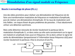 60
Boucle à verrouillage de phase (P.L.L.)
Une des idées premières pour réaliser une démodulation de fréquence est de
faire une transformation modulation de fréquence en modulation d’amplitude,
puis de réaliser une démodulation d’amplitude. Or les taux de modulation sont
très faibles : on risque d’avoir de gros problèmes de parasites . Il faut absolument
utiliser une détection synchrone.
Mais cette détection nécessite de récréer localement la porteuse (de la
modulation d’amplitude !) ; or dans notre cas elle varie constamment car le signal
est modulé en amplitude mais aussi en fréquence. On va donc utiliser le signal de
sortie du démodulateur (proportionnel à l’information basse fréquence si(t)) pour
recréer localement la porteuse. D’où la structure d’une PLL
Démodulation d’un signal modulé en Fréquence
 