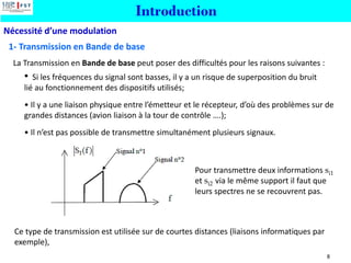 Nécessité d’une modulation
Introduction
8
• Il y a une liaison physique entre l’émetteur et le récepteur, d’où des problèmes sur de
grandes distances (avion liaison à la tour de contrôle ….);
• Il n’est pas possible de transmettre simultanément plusieurs signaux.
Ce type de transmission est utilisée sur de courtes distances (liaisons informatiques par
exemple),
La Transmission en Bande de base peut poser des difficultés pour les raisons suivantes :
• Si les fréquences du signal sont basses, il y a un risque de superposition du bruit
lié au fonctionnement des dispositifs utilisés;
1- Transmission en Bande de base
Pour transmettre deux informations si1
et si2 via le même support il faut que
leurs spectres ne se recouvrent pas.
 