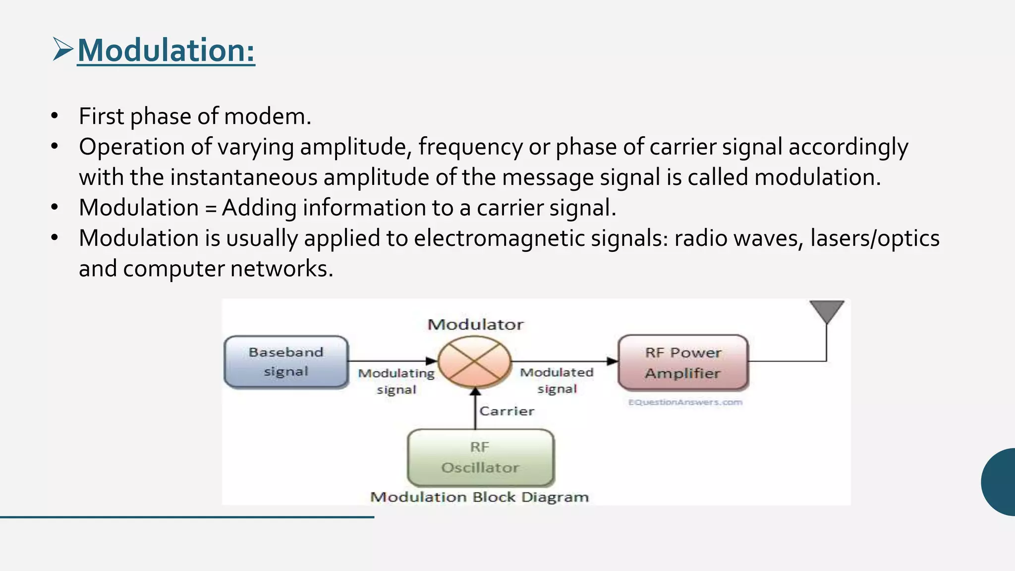Modulation:
• First phase of modem.
• Operation of varying amplitude, frequency or phase of carrier signal accordingly
with the instantaneous amplitude of the message signal is called modulation.
• Modulation = Adding information to a carrier signal.
• Modulation is usually applied to electromagnetic signals: radio waves, lasers/optics
and computer networks.
 