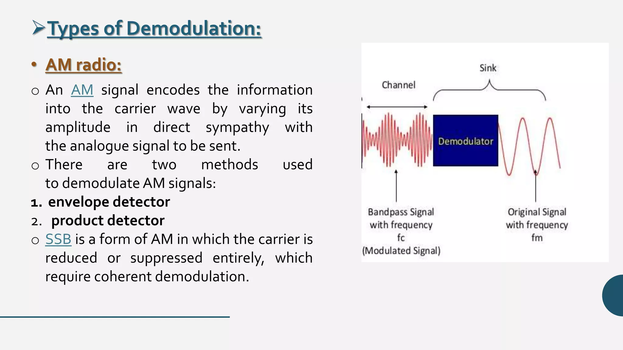 Types of Demodulation:
• AM radio:
o An AM signal encodes the information
into the carrier wave by varying its
amplitude in direct sympathy with
the analogue signal to be sent.
o There are two methods used
to demodulate AM signals:
1. envelope detector
2. product detector
o SSB is a form of AM in which the carrier is
reduced or suppressed entirely, which
require coherent demodulation.
 